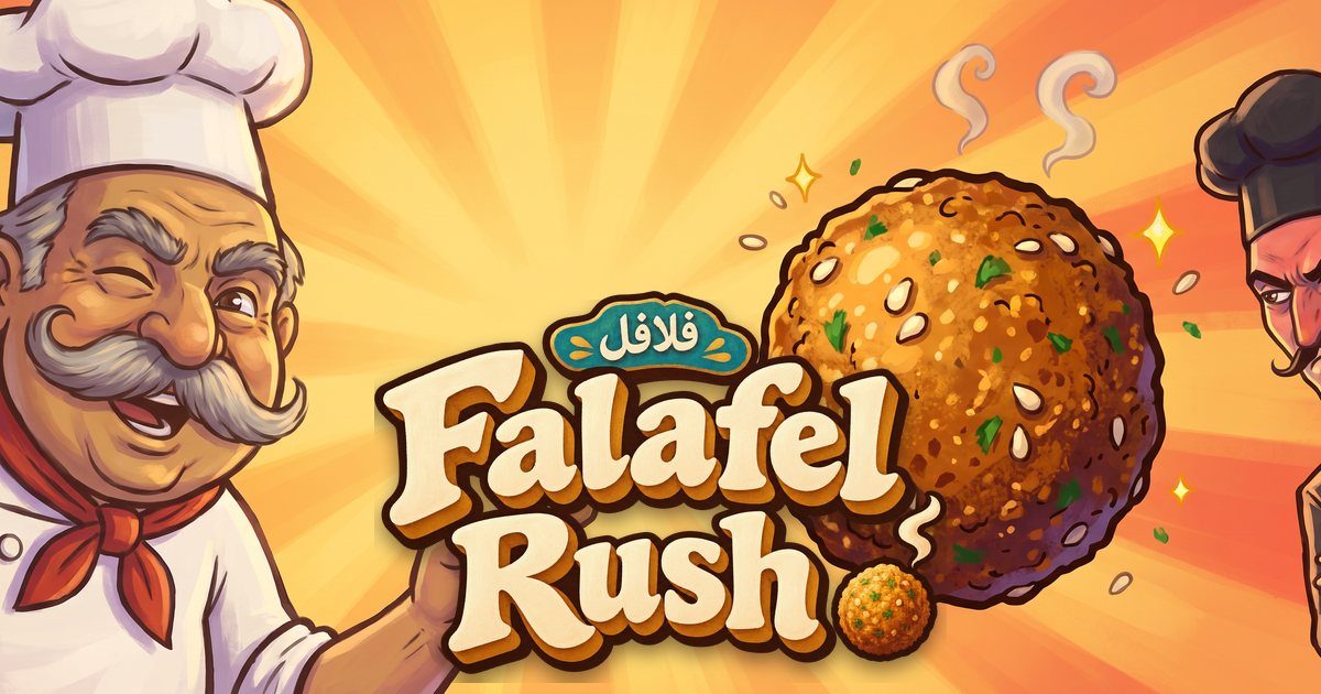 Falafel Rush: a cheerful chef with a big moustache and a giant falafel