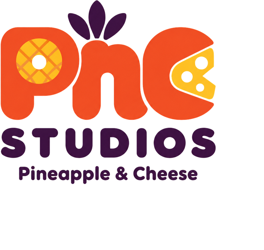 PnC Studios, Pineapple and Cheese: the letters P, n and C in orange, with a pineapple ring in the P, a cheese wedge in the C and a pineapple crown on top
